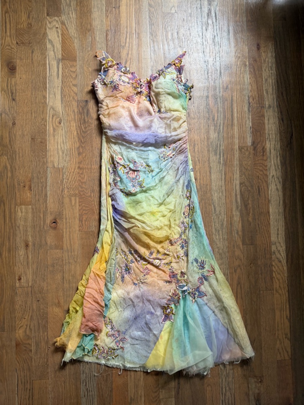 La Femme Fairycore Rainbow Silk Dress Floral Appliqué 2000s - Damaged